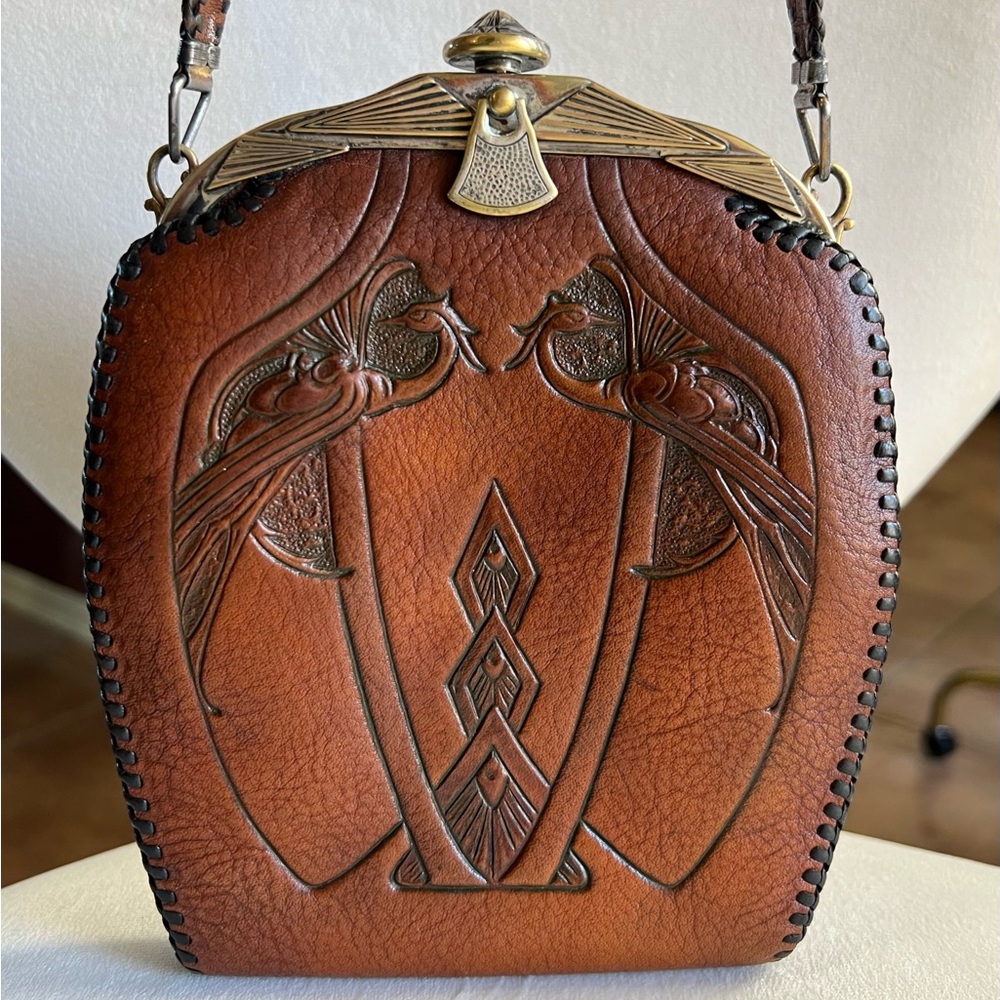 1918 Jemco Art Nouveau Hand Tooled Leather Peacocks Antique Bag Purse